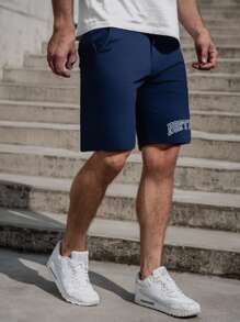 Manfinity Men Letter Graphic Drawstring Waist Shorts - Navy Blue - View 3