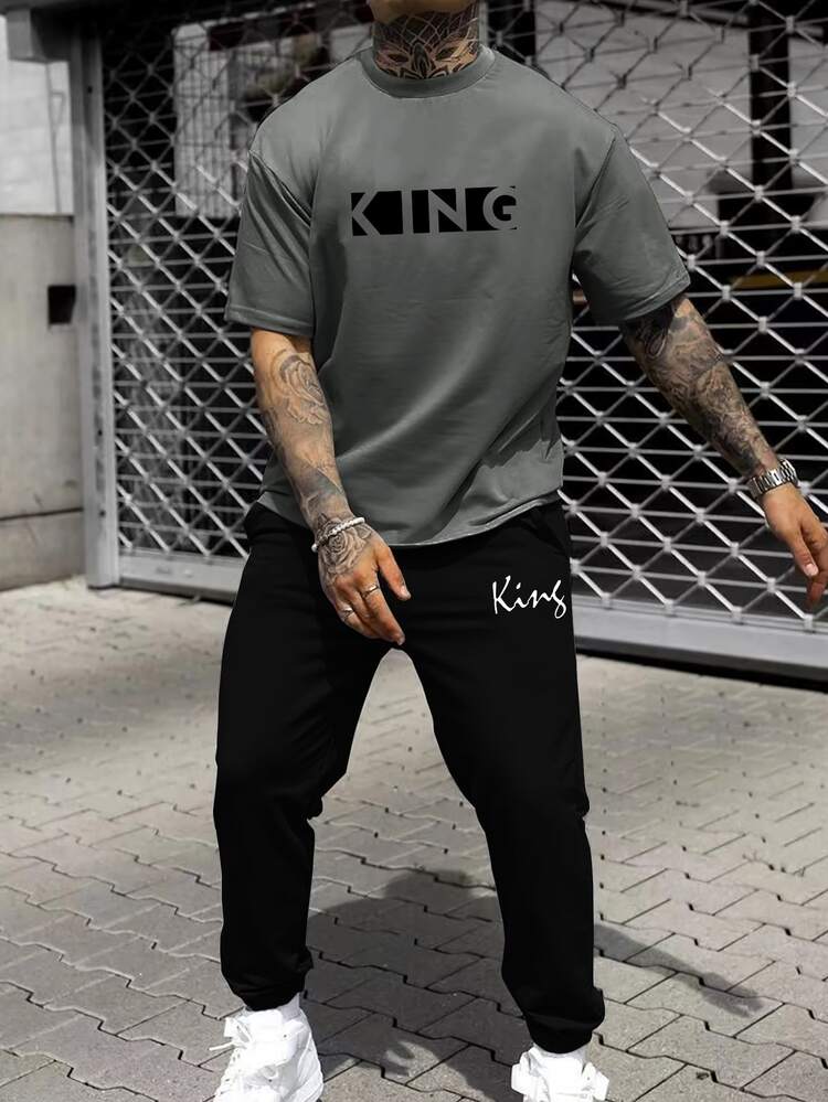 Men Letter Graphic Tee & Drawstring Waist Sweatpants