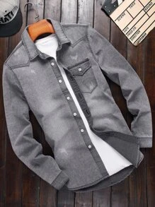 Manfinity Homme Men Cotton Flap Pocket Denim Shirt Without Tee - Grey - View 1