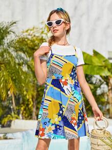 SHEIN 青少年女孩色塊拼接圖案吊帶連衣裙和T恤和髮箍 - 彩色 - 查看 1