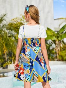 SHEIN 青少年女孩色塊拼接圖案吊帶連衣裙和T恤和髮箍 - 彩色 - 查看 2