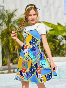 SHEIN 青少年女孩色塊拼接圖案吊帶連衣裙和T恤和髮箍 - 彩色 - 查看 3