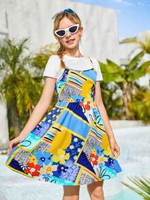 SHEIN 青少年女孩色塊拼接圖案吊帶連衣裙和T恤和髮箍 - 彩色 - 查看 4