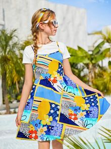 SHEIN 青少年女孩色塊拼接圖案吊帶連衣裙和T恤和髮箍 - 彩色 - 查看 5