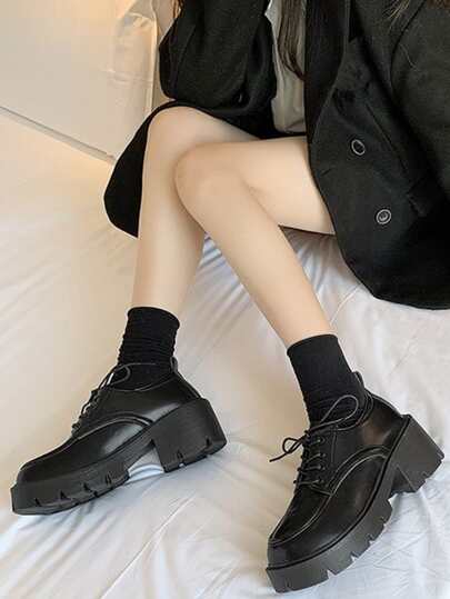 綁帶前台增高牛津鞋,女士時尚簡約百搭舒適厚底扣環懶人鞋瑪莉珍鞋