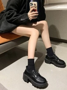 前繫帶厚底牛津鞋，女款時尚簡約百搭舒適厚底扣環樂福瑪麗珍鞋，楔形跟 - 黑色 - 查看 3