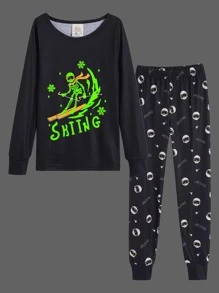 Boys Skull & Letter Graphic Snug Fit PJ Set - Black - View 3