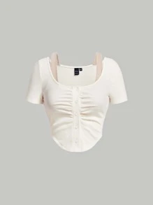 SHEIN MOD Áo thun nữ Bất đối xứng Nút phía trước màu trơn Giải trí - Màu be - Xem 1