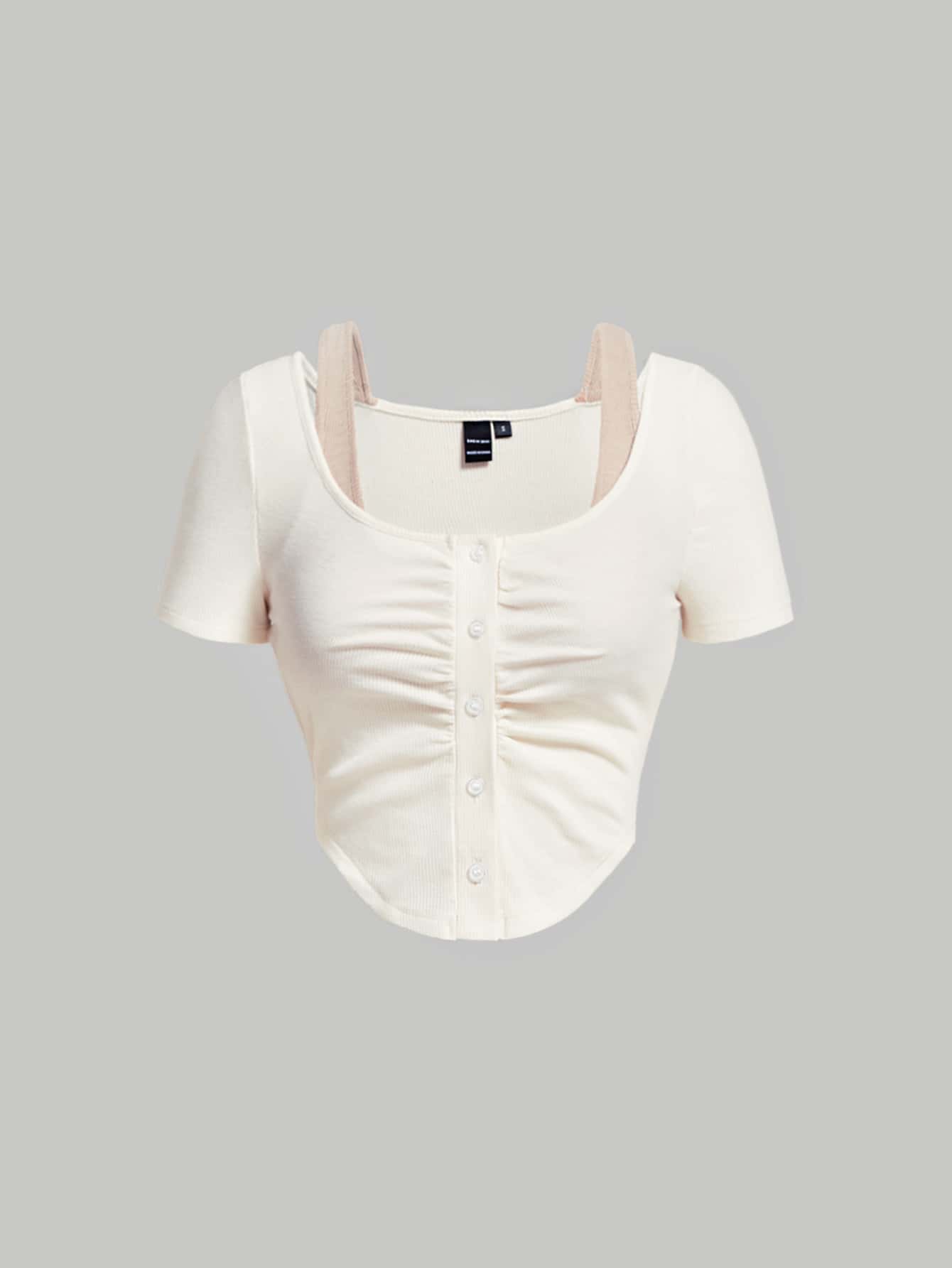 SHEIN MOD Áo thun nữ Bất đối xứng Nút phía trước màu trơn Giải trí - Màu be - Xem 1