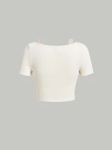 SHEIN MOD Áo thun nữ Bất đối xứng Nút phía trước màu trơn Giải trí - Màu be - Xem 2