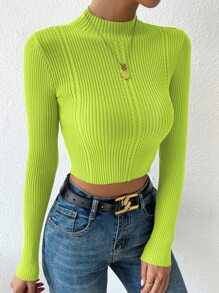 Calvaya Mock Neck Cable Knit Crop Sweater,Long Sleeve Tops