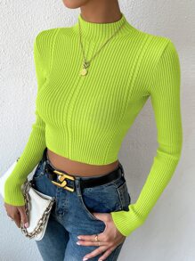 Calvaya Mock Neck Cable Knit Crop Sweater,Long Sleeve Tops