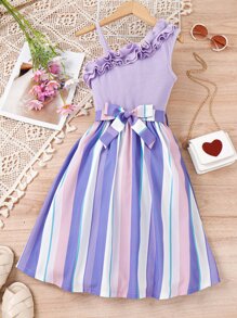 Girls Striped Print Asymmetrical Neck Frill Trim Dress - Purple - View 1