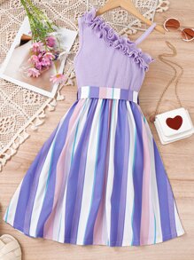 Girls Striped Print Asymmetrical Neck Frill Trim Dress - Purple - View 2