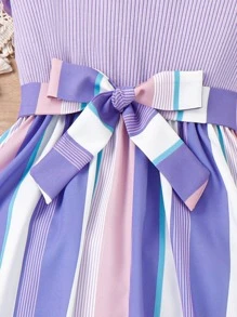 Girls Striped Print Asymmetrical Neck Frill Trim Dress - Purple - View 3
