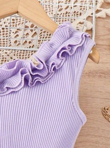 Girls Striped Print Asymmetrical Neck Frill Trim Dress - Purple - View 4