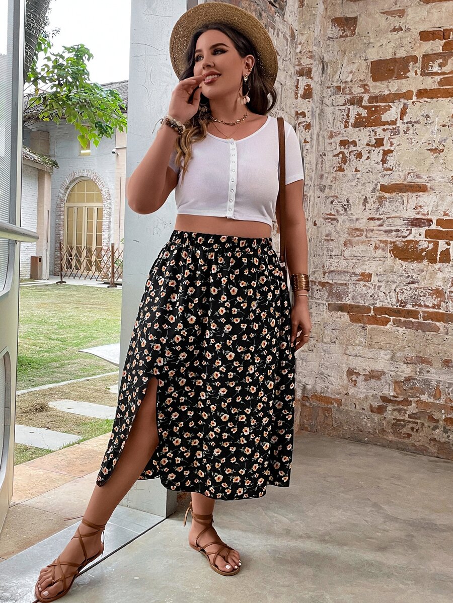 SHEIN Holidaya Váy Plus Size Tách cao Hoa Tất cả trên in Boho - Nhiều màu - Xem 1