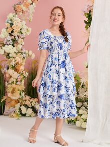 SHEIN Leap Crew Teen Girls Floral Print Square Neck Puff Sleeve Ruffle Trim Dress - Blue and White - View 4