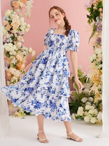 SHEIN Leap Crew Teen Girls Floral Print Square Neck Puff Sleeve Ruffle Trim Dress - Blue and White - View 5