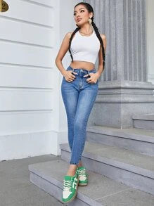 High Waist Skinny Jeans - Medium Wash - View 2
