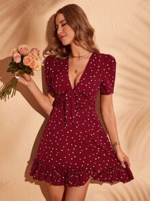 SHEIN Privé Heart Print Knot Front Ruffle Hem Dress - Red - View 1