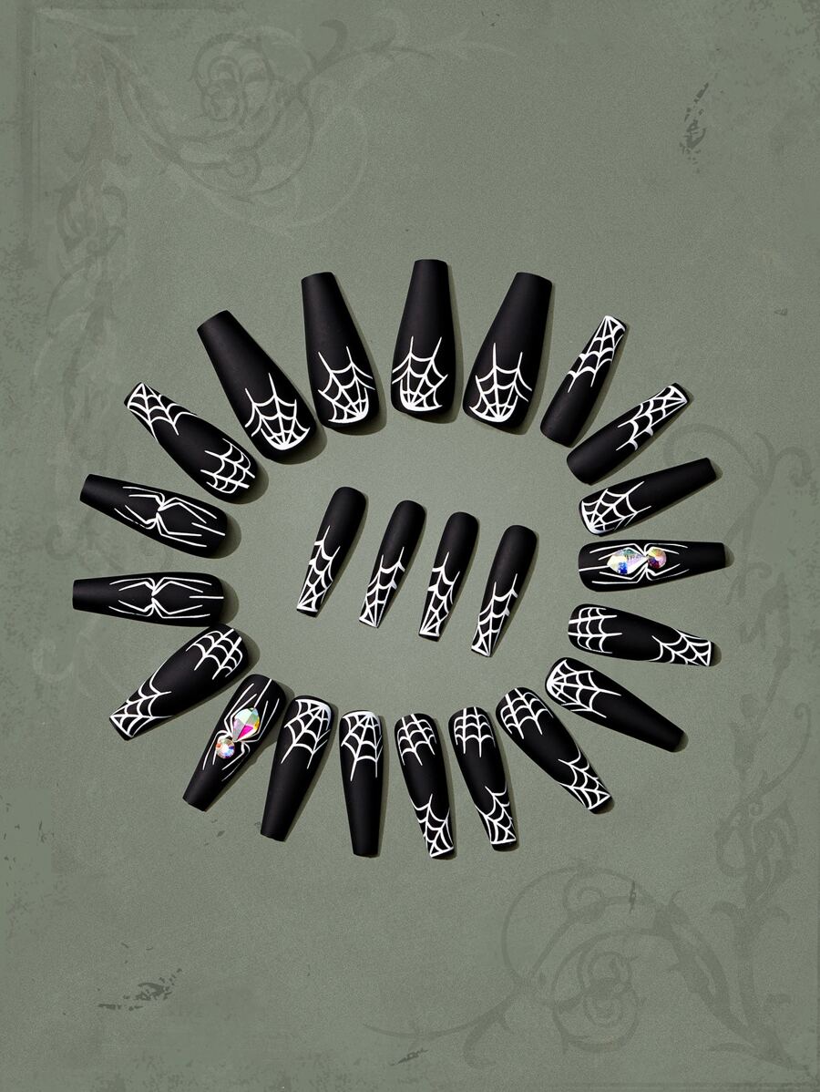 ROMWE Goth 24pcs Coffin Spider Web Print Fake Nail - Multicolor - View 1