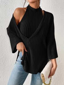 SHEIN Frenchy Bộ đồ hai mảnh nữ Cắt ra Gân đan màu trơn Giải trí - màu đen - Xem 1