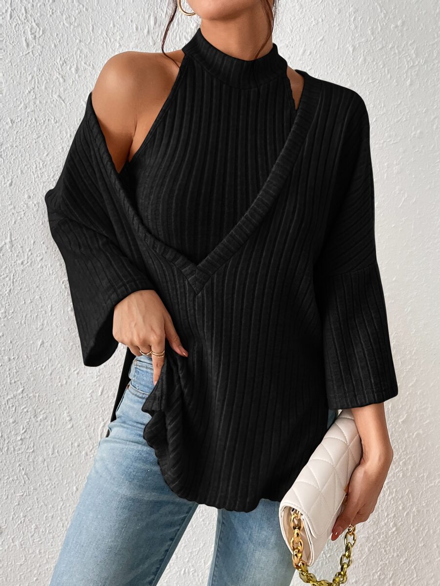 SHEIN Frenchy Bộ đồ hai mảnh nữ Cắt ra Gân đan màu trơn Giải trí - màu đen - Xem 1