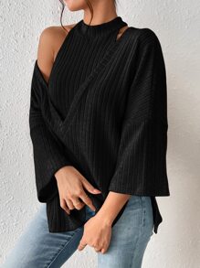 SHEIN Frenchy Bộ đồ hai mảnh nữ Cắt ra Gân đan màu trơn Giải trí - màu đen - Xem 3