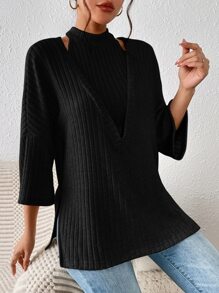 SHEIN Frenchy Bộ đồ hai mảnh nữ Cắt ra Gân đan màu trơn Giải trí - màu đen - Xem 4