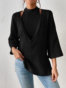 SHEIN Frenchy Bộ đồ hai mảnh nữ Cắt ra Gân đan màu trơn Giải trí - màu đen - Xem 5