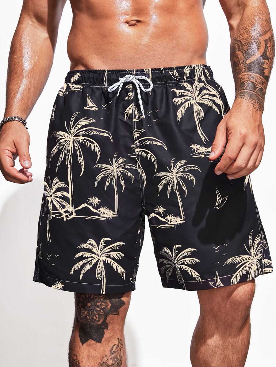 Manfinity Swimmode Quần short nam đi biển Dây kéo Túi Nhiệt đới Kỳ nghỉ - màu đen - Xem 1