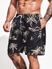 Manfinity Swimmode Quần short nam đi biển Dây kéo Túi Nhiệt đới Kỳ nghỉ - màu đen - Xem 5