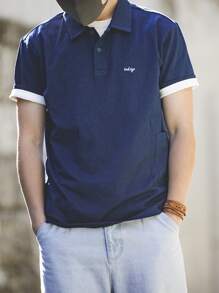 Men Letter Embroidery Contrast Trim Polo Shirt - Blue - View 1