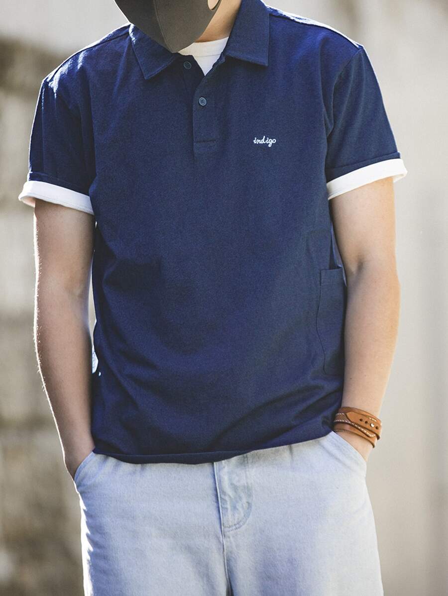 Men Letter Embroidery Contrast Trim Polo Shirt - Blue - View 1