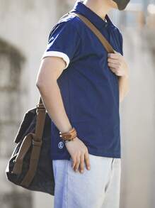 Men Letter Embroidery Contrast Trim Polo Shirt - Blue - View 2