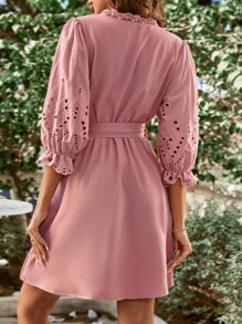 SHEIN VCAY Guipure Lace Insert Flounce Sleeve Belted Dress - Dusty Pink - View 2