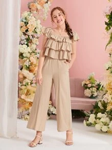 SHEIN Chicas adolescentes ribete con fruncido Top & Pantalones de pierna ancha - Caqui - Ver 1