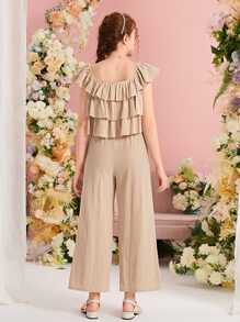 SHEIN Chicas adolescentes ribete con fruncido Top & Pantalones de pierna ancha - Caqui - Ver 2