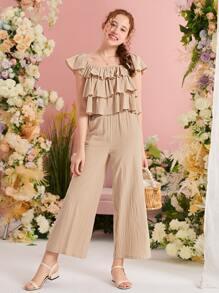 SHEIN Chicas adolescentes ribete con fruncido Top & Pantalones de pierna ancha - Caqui - Ver 3