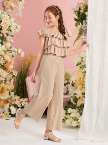 SHEIN Chicas adolescentes ribete con fruncido Top & Pantalones de pierna ancha - Caqui - Ver 6