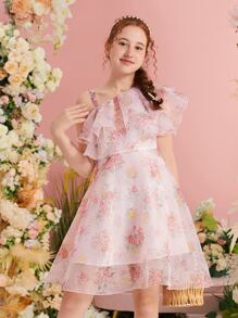 SHEIN Teen Girls Floral Print Asymmetrical Neck Ruffle Trim Organza Overlay Dress - Baby Pink - View 2