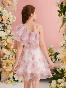 SHEIN Teen Girls Floral Print Asymmetrical Neck Ruffle Trim Organza Overlay Dress - Baby Pink - View 3