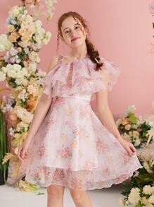 SHEIN Teen Girls Floral Print Asymmetrical Neck Ruffle Trim Organza Overlay Dress - Baby Pink - View 1