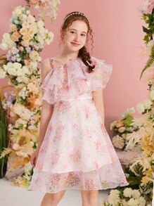 SHEIN Teen Girls Floral Print Asymmetrical Neck Ruffle Trim Organza Overlay Dress - Baby Pink - View 5