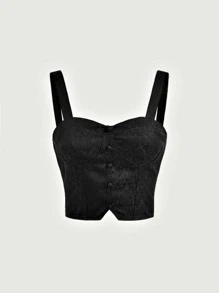 SHEIN MOD 素色前紐扣寬帶上衣 - 黑色 - 查看 1