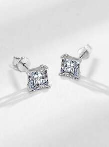 1pair of Shiny 7MM Cubic Zirconia s925 Sterling Silver Square Stud Earrings Fine Jewelry Gifts For Men - Silver - View 5