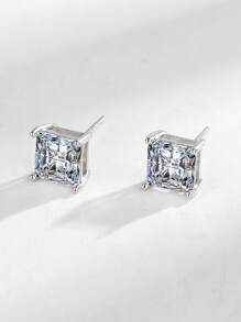 1pair of Shiny 7MM Cubic Zirconia s925 Sterling Silver Square Stud Earrings Fine Jewelry Gifts For Men - Silver - View 6