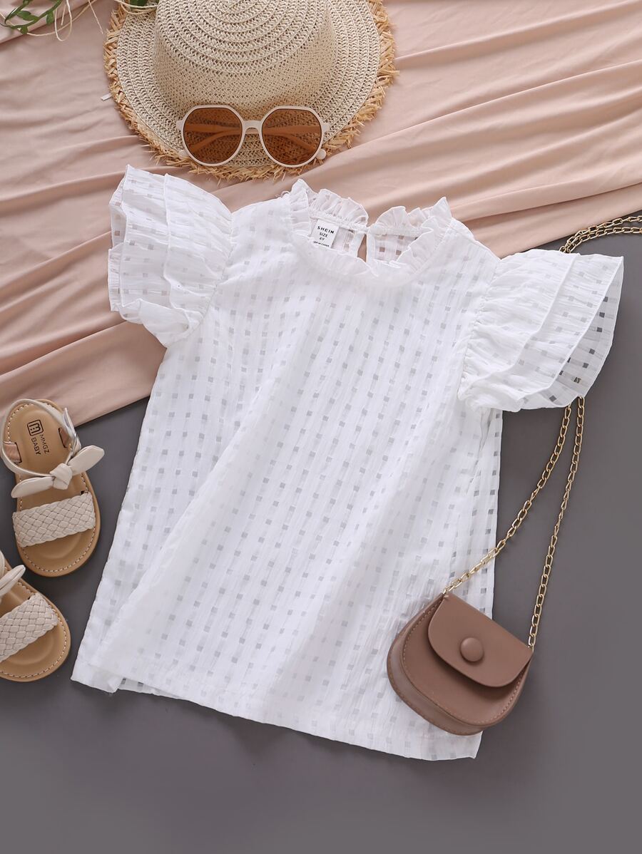 小女童褶邊領蝴蝶袖襯衫 - 白色 - 查看 1