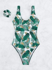 SHEIN 熱帶圖案連體泳衣和大腸髮圈 - 彩色 - 查看 5